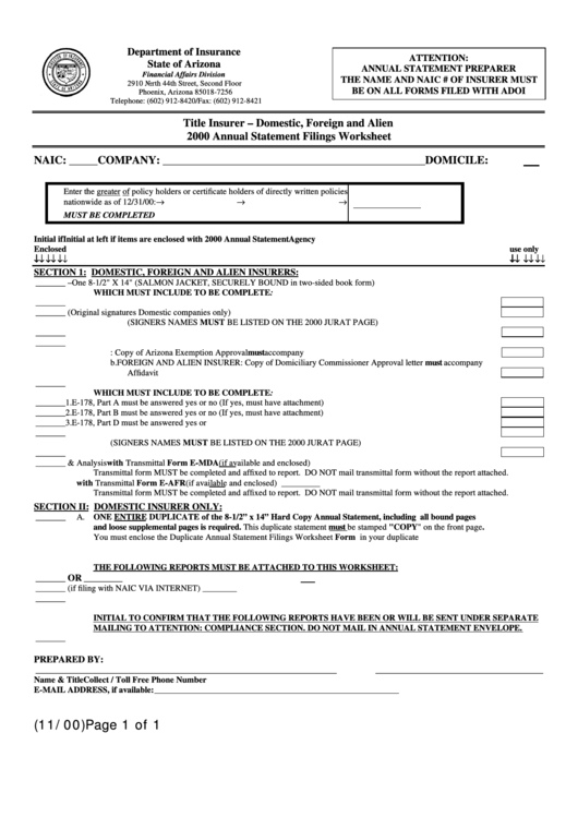 Form E-Title.as - Title Insurer - Domestic, Foreign And Alien 2000 Annual Statement Filings 2000 Printable pdf