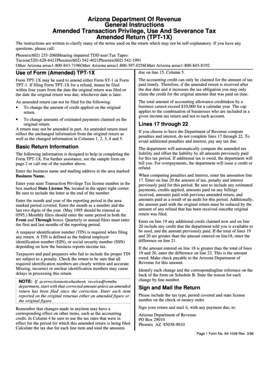 Instructions For Form Tpt-1x - Amended Transaction Privilege, Use And Severance Tax Amended Return Printable pdf