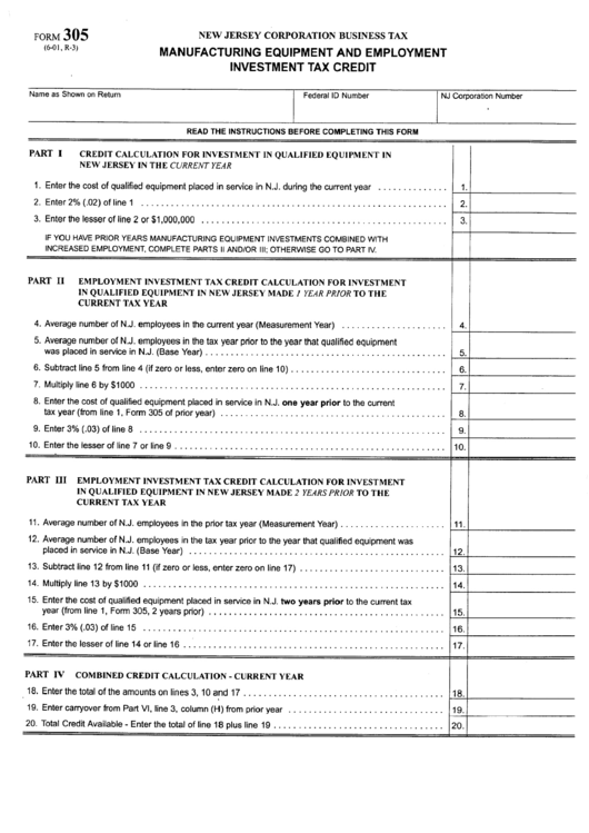 Form 305 - Manufacturing Equipment And Employment Investment Tax Credit Printable pdf