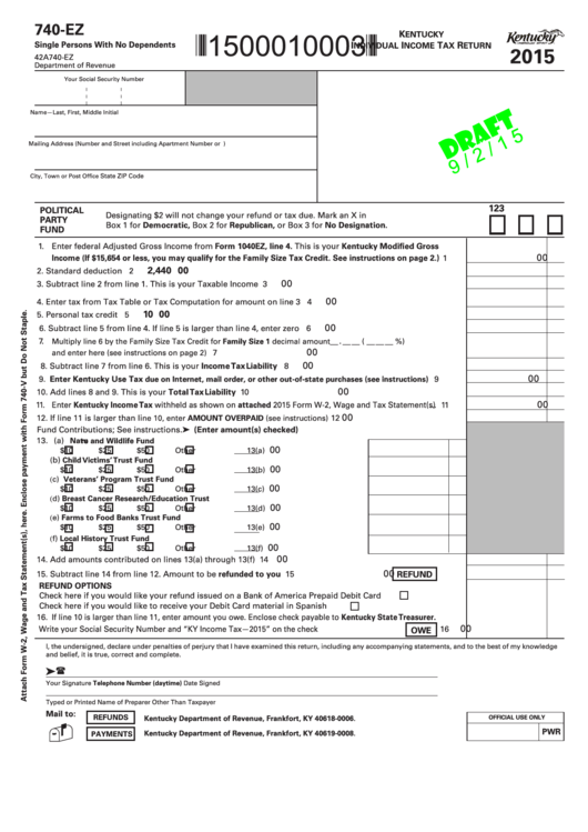 Form 740-Ez Draft - Kentucky Individual Income Tax Return - 2015 Printable pdf