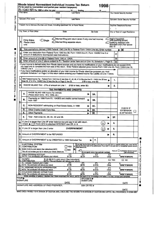 Fillable Form Ri-1040 Nr - Rhode Island Nonresident Individual Income Tax Return - 1998 Printable pdf