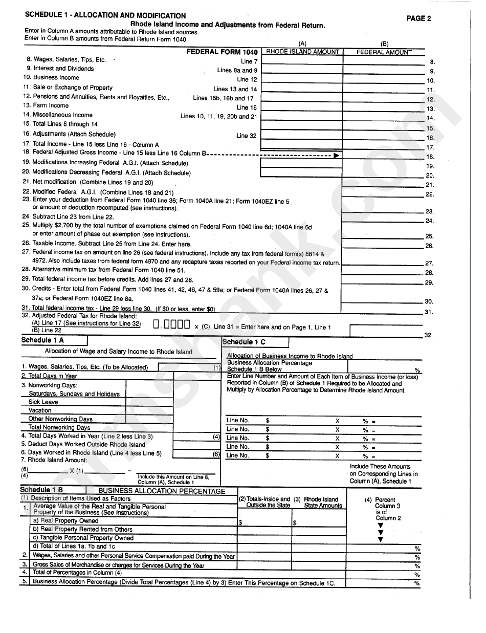 Form Ri-1040 Nr - Rhode Island Nonresident Individual Income Tax Return - 1998