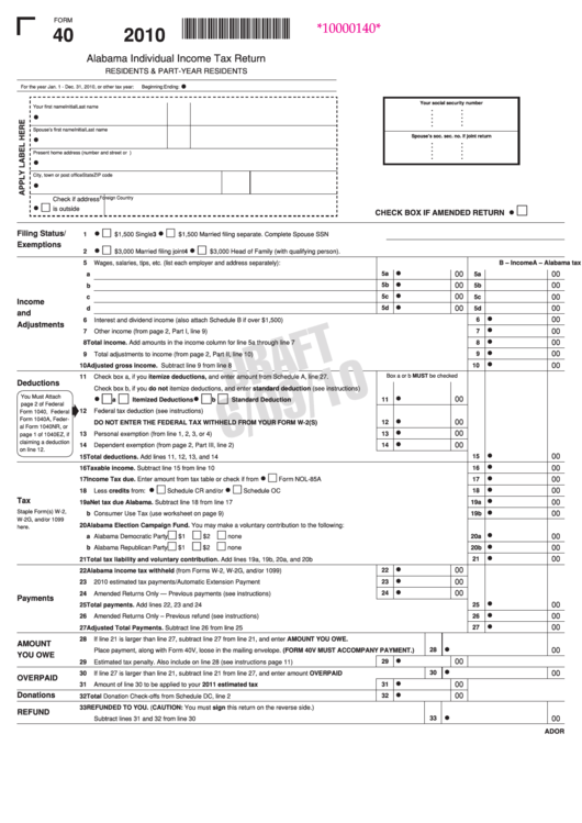 Alabama State Tax Form Form 40 Fillable Form Printable Forms Free Online