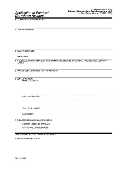 Fillable Form Dos-1343 - Application To Establish Drawdown Account Printable pdf