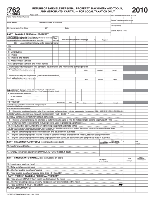 Virginia Form 762 - Return Of Tangible Personal Property, Machinery And Tools, And Merchants Capital - 2010 Printable pdf