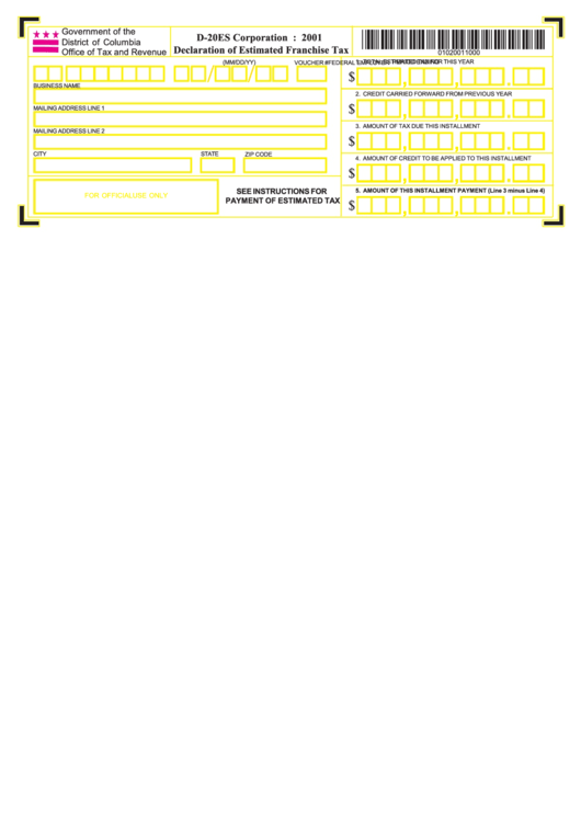 Form D-20es - Corporation Declaration Of Estimated Franchise Tax - 2001 Printable pdf