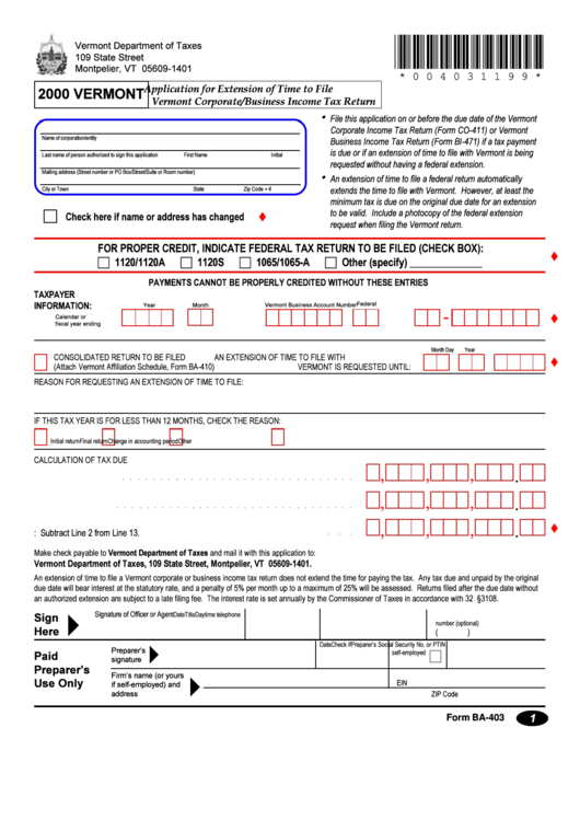 Form Ba-403 - Application For Extension Of Time To File Vermont Corporate/business Income Tax Return 2000 Printable pdf