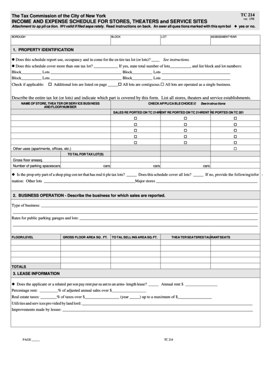 Fillable Form Tc 214 - Income And Expense Shedule For Stores, Theaters And Service Sites Printable pdf