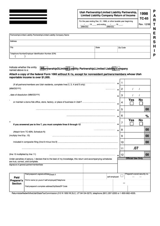 Fillable Form Tc-65/schedule G/schedule L - Utah Partnership/limited Liability Partnership, Limited Liability Company Return Of Income - 1998 Printable pdf