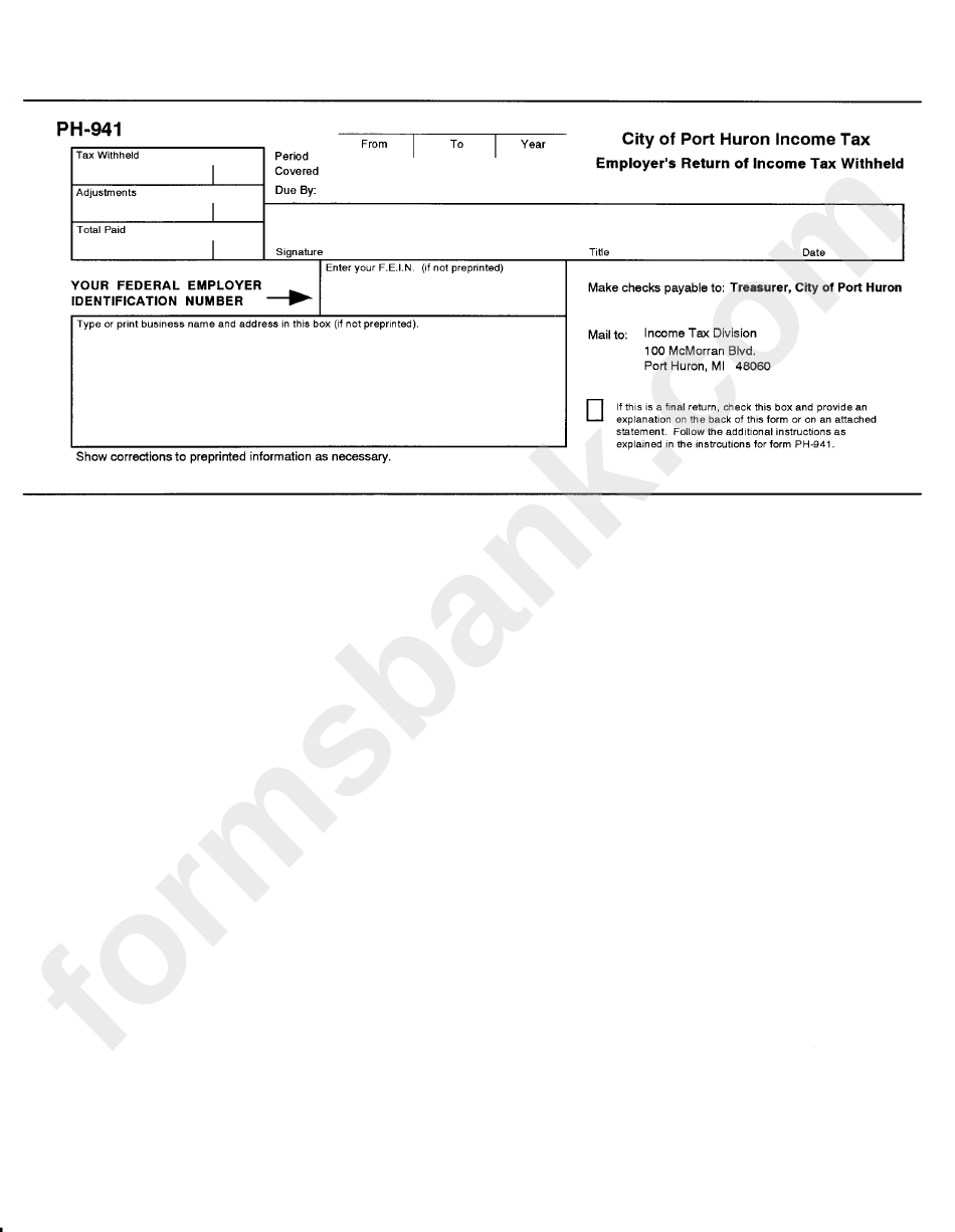 Form Ph-941 - City Of Port Huron Income Tax Employer