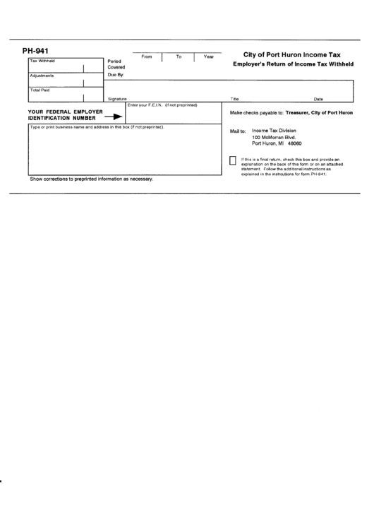 Form Ph-941 - City Of Port Huron Income Tax Employer