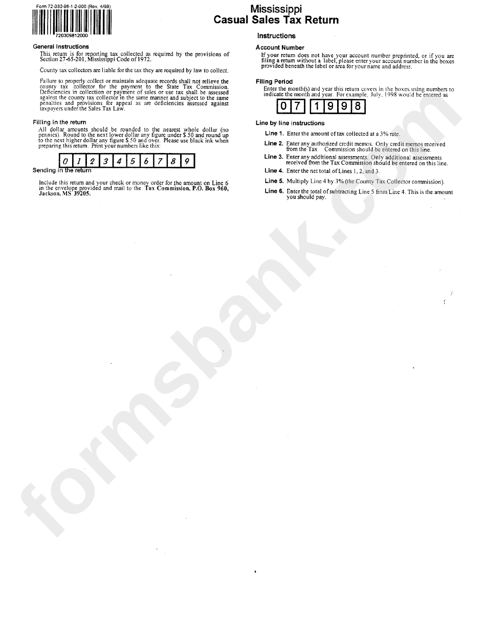 Form 72-030-98-1-2-000 - Casual Sales Tax Return - State Of Mississippi