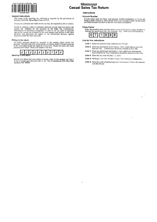 Form 72-030-98-1-2-000 - Casual Sales Tax Return - State Of Mississippi Printable pdf
