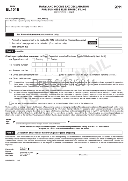 Form El101b Draft - Maryland Income Tax Declaration For Business Electronic Filing - 2011 Printable pdf