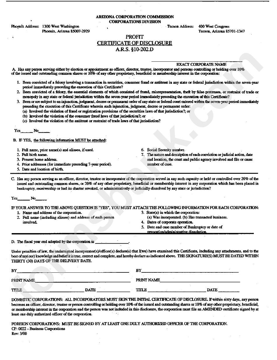 Form Cf: 0022 - Profit Certificate Of Disclosure