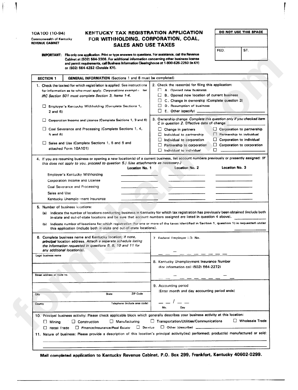 Fillable Form 10a100 Kentucky Tax Registration Application For