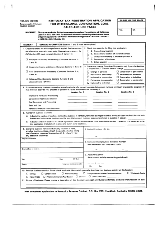 Fillable Form 10a100 - Kentucky Tax Registration Application For Withholding, Corporation, Coal, Sales And Use Taxes Printable pdf