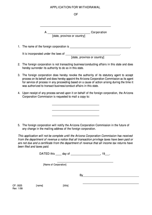 Form Cf: 0025 - Application For Withdrawal - State Of Arizona Printable pdf