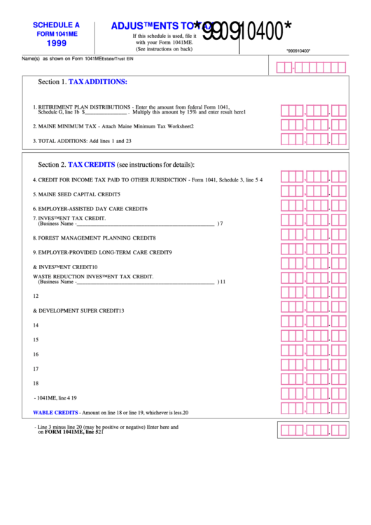 Schedule A Form 1041me - Adjustments To Tax - 1999 Printable pdf