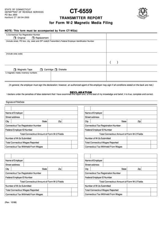 Fillable Form Ct-6559 - Transmitter Report For Form W-2 Magnetic Media Filing - State Of Connecticut Printable pdf