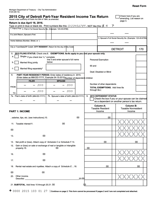 Fillable Form 5120 - City Of Detroit Part Year Resident Income Tax Return - 2015 Printable pdf