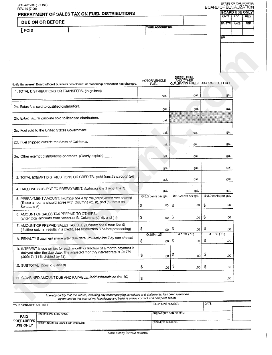 Form Boe-401-Db - Prepayment Of Sales Tax On Fuel Distributions - State Of California
