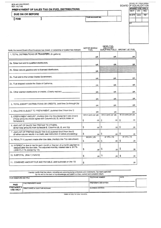Form Boe-401-Db - Prepayment Of Sales Tax On Fuel Distributions - State Of California Printable pdf