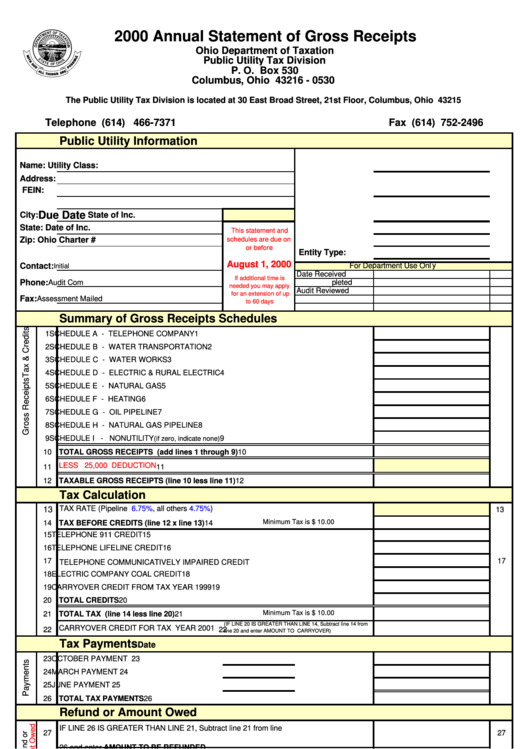 Annual Statement Of Gross Receipts - Ohio Department Of Taxation - 2000 Printable pdf