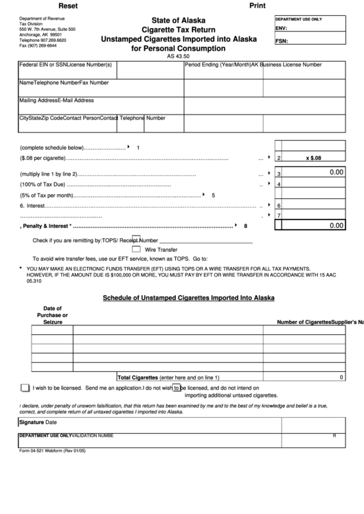Fillable Form 04-521 - Unstamped Cigarettes Imported Into Alaska For Personal Consumption Printable pdf