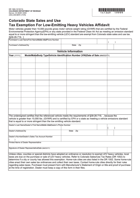 Form Dr 1369 - Colorado State Sales And Use Tax Exemption For Low-Emitting Heavy Vehicles Affidavit Printable pdf