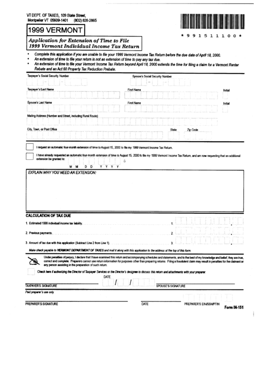 Form In-151 - Application For Extension Of Time To File Vermont Individual Income Tax Return - 1999 Printable pdf