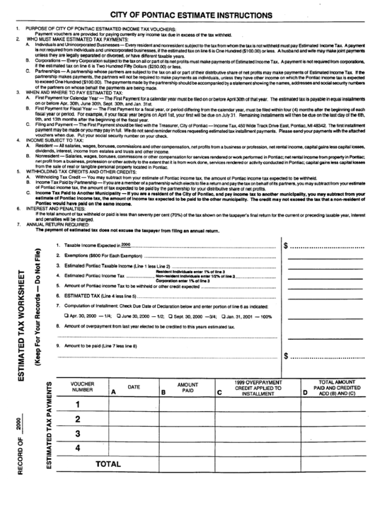 Estimated Tax Worksheet - 2000 Printable pdf