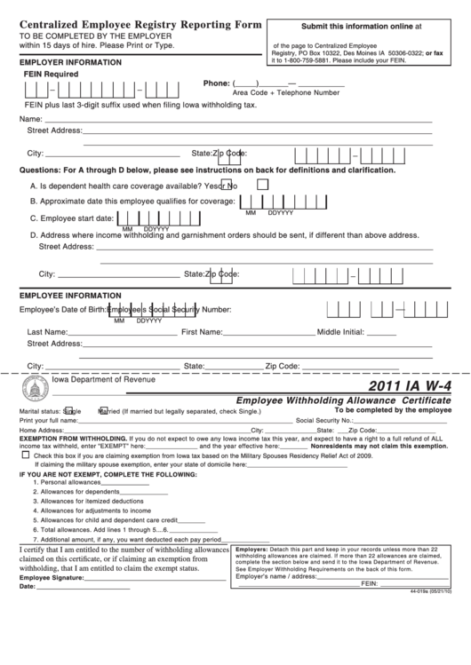 Form Ia W-4 - Centralized Employee Registry Reporting Form / Employee Withholding Allowance Certificate - 2011 Printable pdf