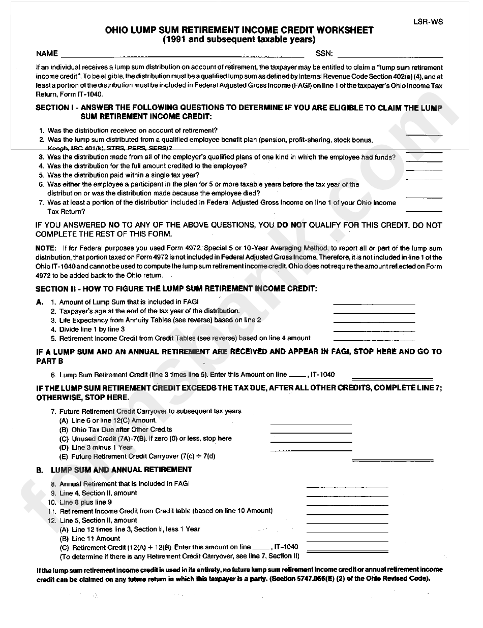 Form Lsr-Ws - Ohio Lump Sum Retirement Income Credit Worksheet