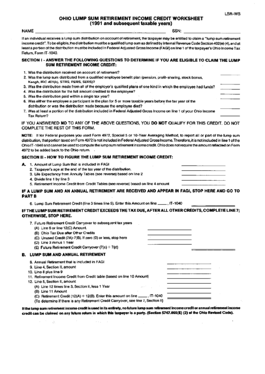 Form Lsr-Ws - Ohio Lump Sum Retirement Income Credit Worksheet Printable pdf