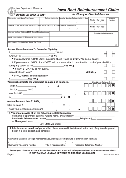 Form 54130a Iowa Rent Reimbursement Claim For Elderly Or Disabled