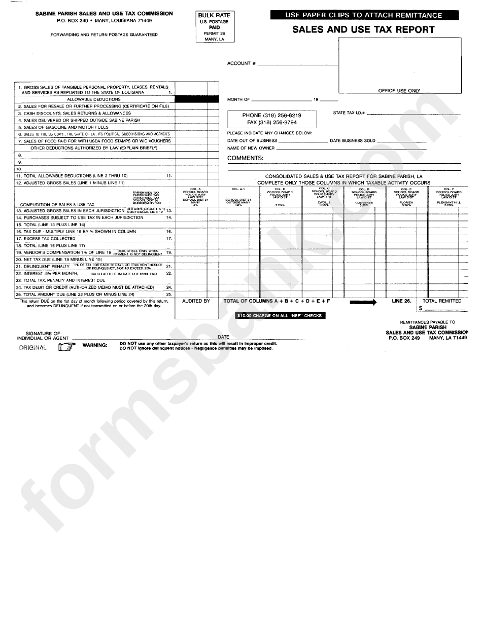Sales And Use Tax Report - Sabine Parish Sales And Use Tax Commission