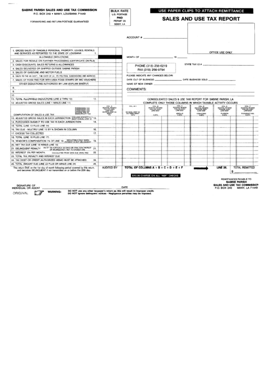 Sales And Use Tax Report - Sabine Parish Sales And Use Tax Commission Printable pdf