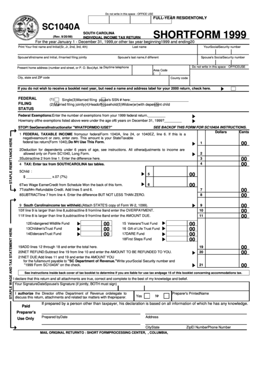 Form Sc1040a - South Carolina Individual Income Tax Return - 1999 Printable pdf