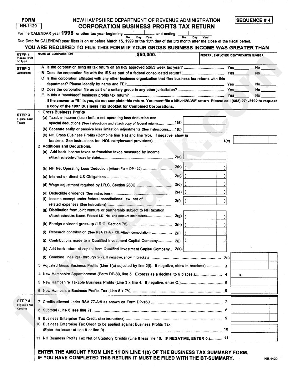 Form Nh-1120 - Corporation Business Profits Tax Return