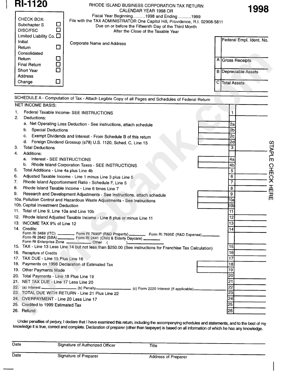 Form Ri-1120 - Rhode Island Business Corporation Tax Return - 1998