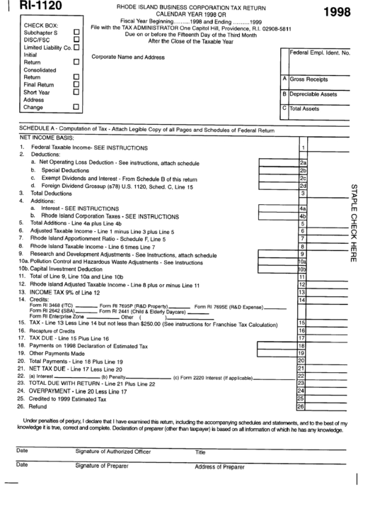 Fillable Form Ri-1120 - Rhode Island Business Corporation Tax Return - 1998 Printable pdf