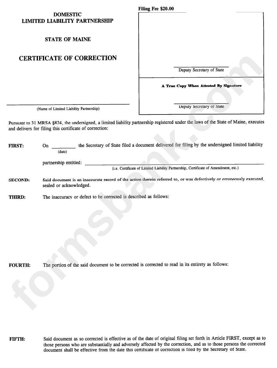 Form Mllp-17 - Certificate Of Correction - State Of Maine