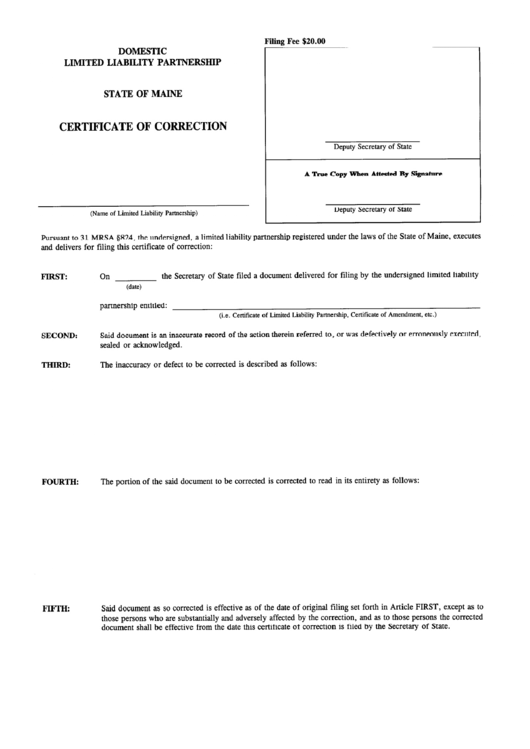 Form Mllp-17 - Certificate Of Correction - State Of Maine Printable pdf