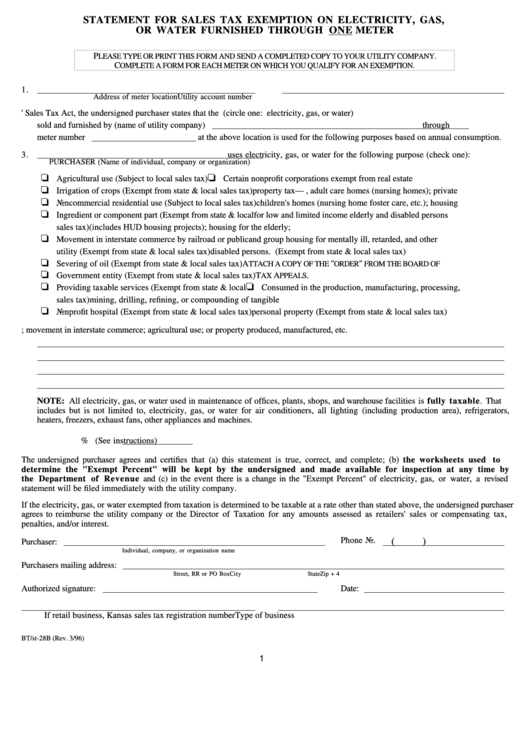 Form Bt/st-28b - Statement For Sales Tax Exemption On Electricity, Gas ...