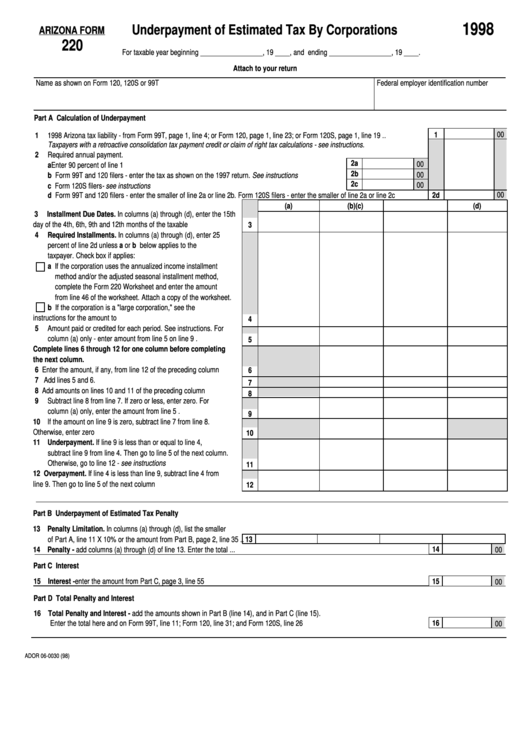 Fillable Form 220 - Underpayment Of Estimated Tax By Corporations - 1998 Printable pdf
