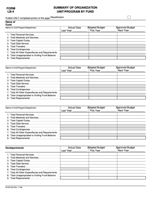 Fillable Form Lb-4 - Summary Of Organization Unit/program By Fund Printable pdf