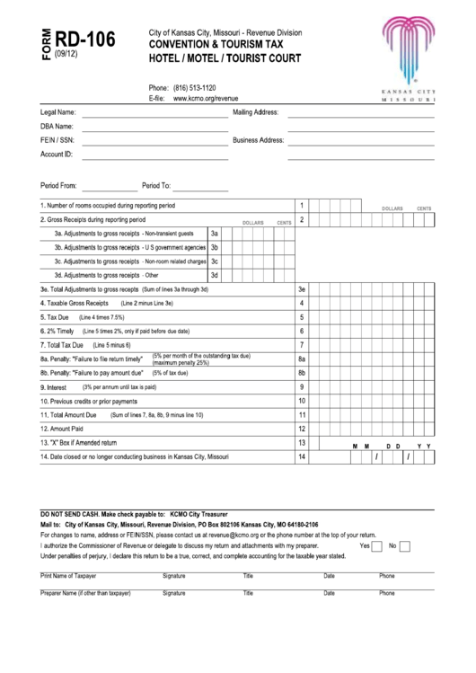 Form Rd-106 - Convention And Tourism Tax - Hotel/motel/tourist Court Printable pdf