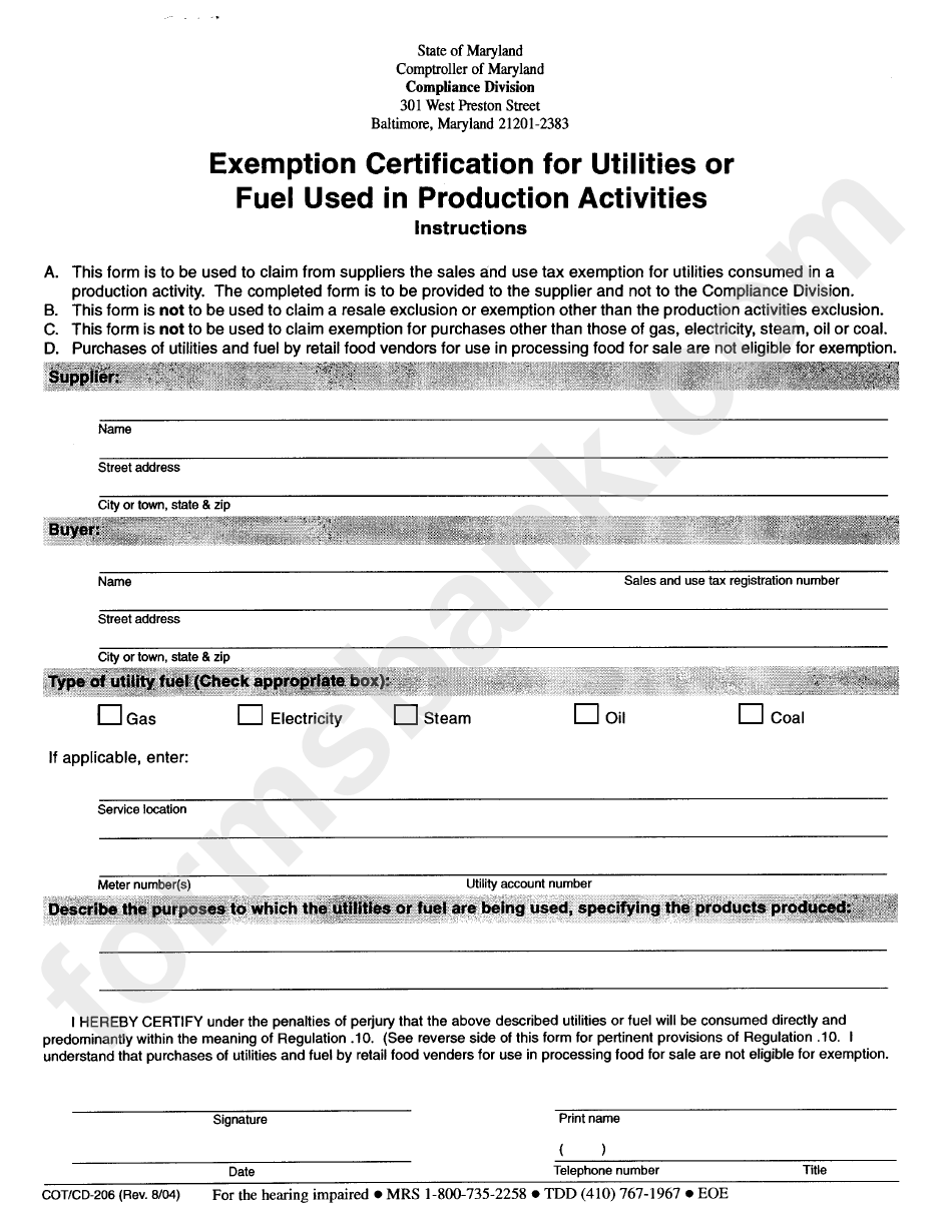 Form Cot/cd-206 - Exemption Certification For Utilities Or Fuel Used In Production Activities