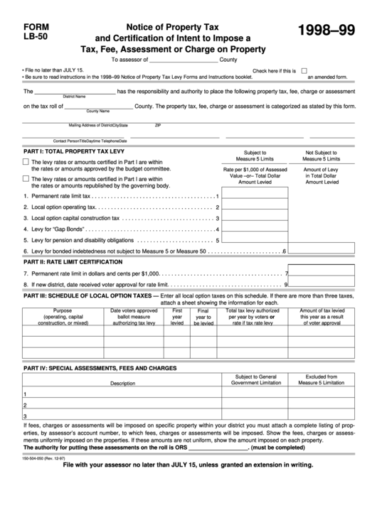 Fillable Form Lb-50 - Notice Of Property Tax And Certification Of Intent To Impose A Tax, Fee, Assessment Or Charge On Property - 1998-99 Printable pdf